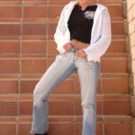 Naughty teen Kata exposes her tiny tits & her shaved pink pussy in public