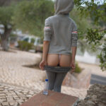 Tiny blonde teen Chloe works out in a hoodie & shows her small tits in public