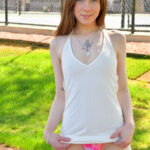 Cute girl Venus flashes in public before standing naked in front of a mirror
