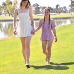 Horny tall babe Mira & her petite friend Olivia strip & pose naked outdoors
