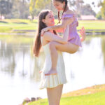 Horny tall babe Mira & her petite friend Olivia strip & pose naked outdoors
