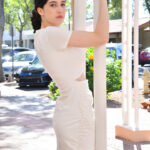 Elegant amateur babe Giulia flashes her bra and panties in public