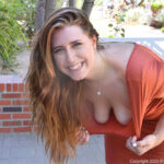 Glamorous brunette babe Sage flashing her panties and bra in public