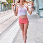 Incredibly sexy Jody posing in her hot pink denim shorts in public