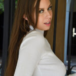 Angelic babe in denim shorts Madi flashes her sweet tits outdoors