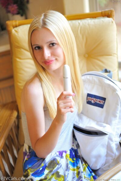 Blonde sweetheart Kennedy fucking huge veggies and her own fist Image #1