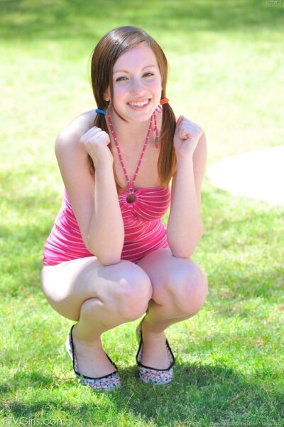 Cute teen in pigtails & cotton panties squirting from wet pussy in yard Image #5