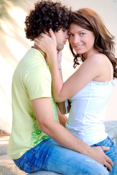 Beautiful amateur Gabby hikes her denim skirt up and poses with her boyfriend Image #16