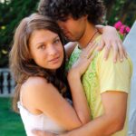Beautiful amateur Gabby hikes her denim skirt up and poses with her boyfriend