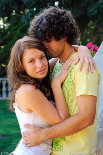 Beautiful amateur Gabby hikes her denim skirt up and poses with her boyfriend Image #8