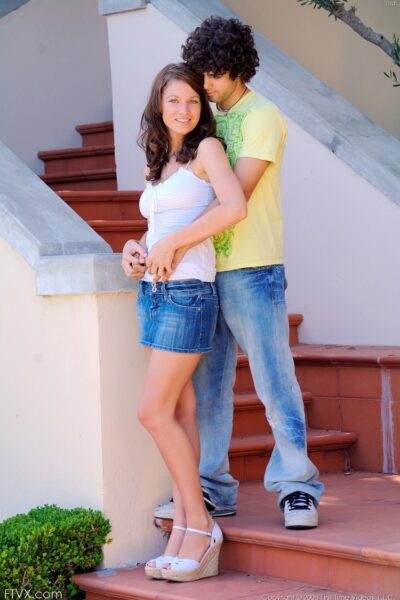 Beautiful amateur Gabby hikes her denim skirt up and poses with her boyfriend Image #10
