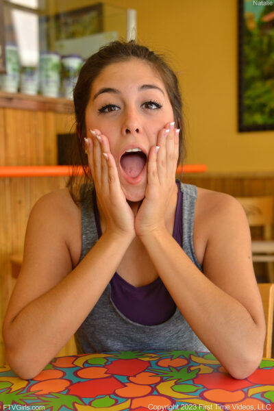 Cute brunette Natalie exercises before a cucumber insertion in public Image #13