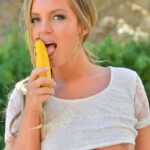 Glamorous American Addison sucking & fucking fruits and veggies outdoors