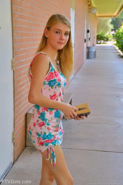 Slim blonde teen Hannah exposes her shaved cunt and ass in public Image #12