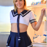 Skinny teen in shorts skirt Rachelle sticks a glass toy in her love holes