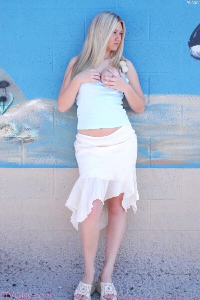 Sweet blonde Alison exposes her big boobs and spreads her hole outdoors Image #3