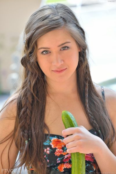 Cute brunette Shannon exposes her twat and slides a cucumber in it in public Image #19