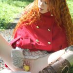 Tiny redhead teen Dolly enjoys solo masturbation with bananas in the forest