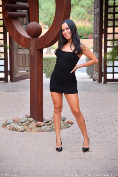 Hot babe Merisol poses in her dress & flashes her tits & pussy in public Image #1