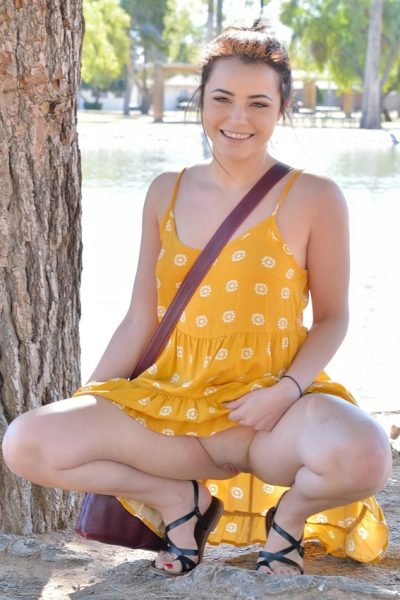 Acrobatic teen flashes no panty upskirt in park before masturbating at home Image #4