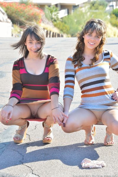 Sweet teens Athena & Mindy flash their asses outdoors before indoor fingering Image #3