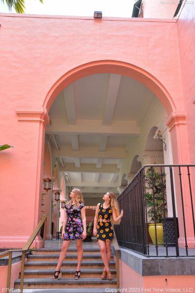 Sexy lesbians Nicole & Veronica kiss while teasing in short dresses in public Image #9